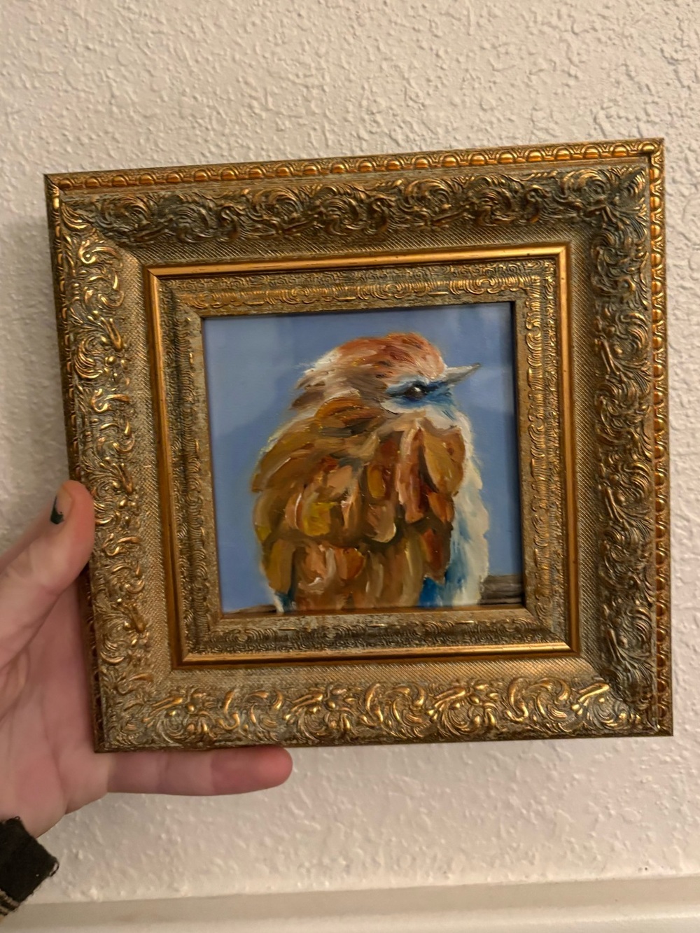"The early bird" Original oil painting on wood board mini framed 4x4" - Picture 3 of 4
